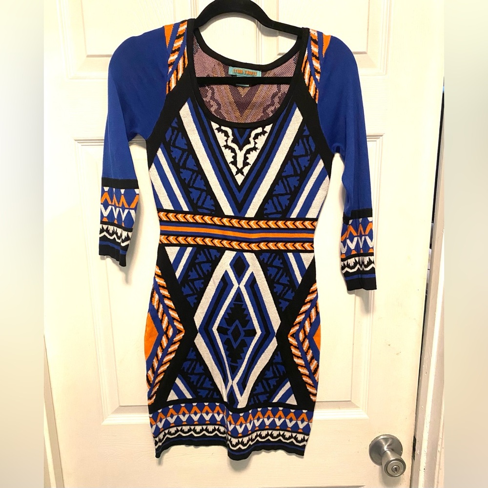 Flying Tomato Blue and Orange Aztec Geometric Pattern mini knit Dress size S